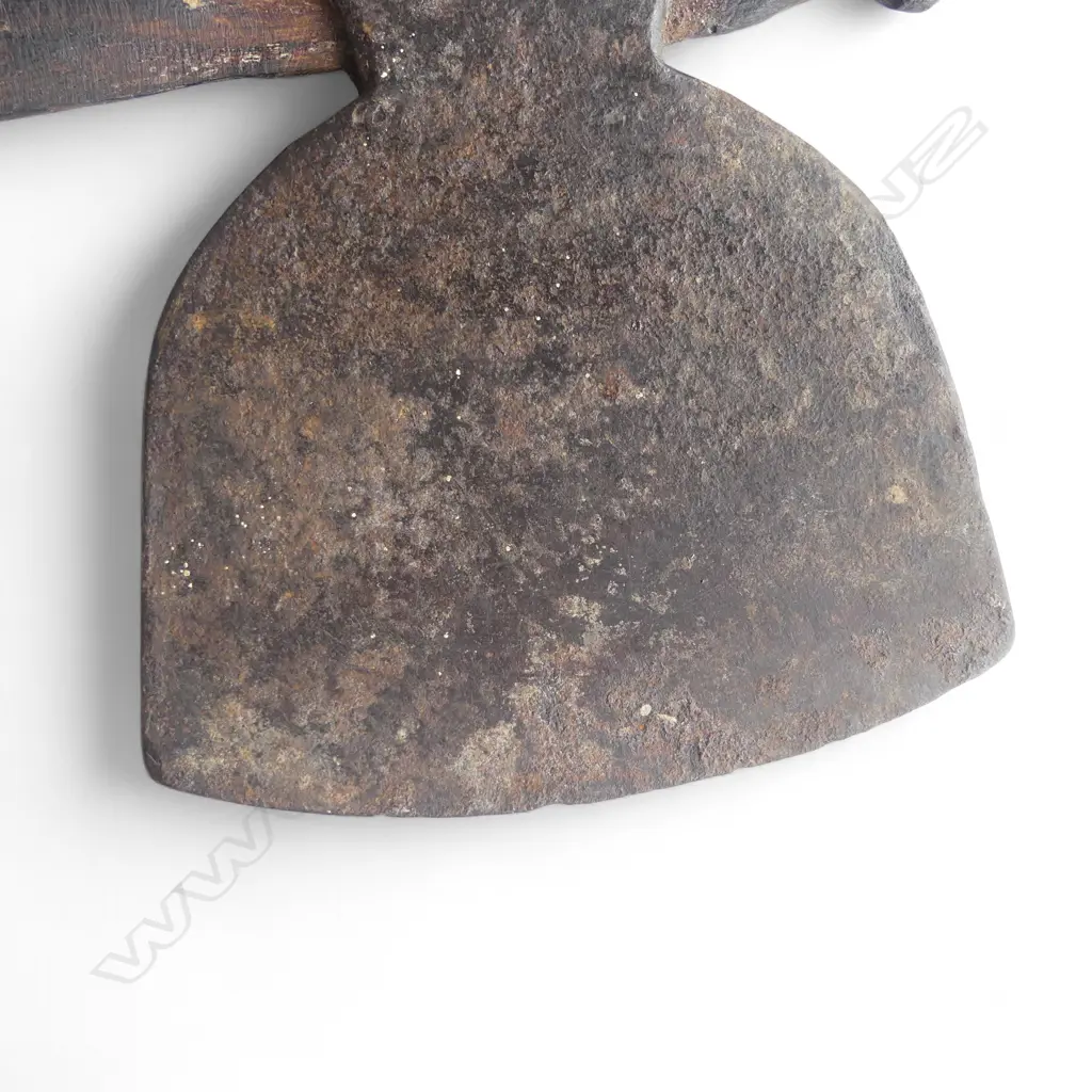 mid / late 20thC MAORI TOKI KAKAUROA  w 19thC TRADE AXE BLADE; CARVED 'TE UMUROA' TO THE SHAFT. L.905mm Image 1++