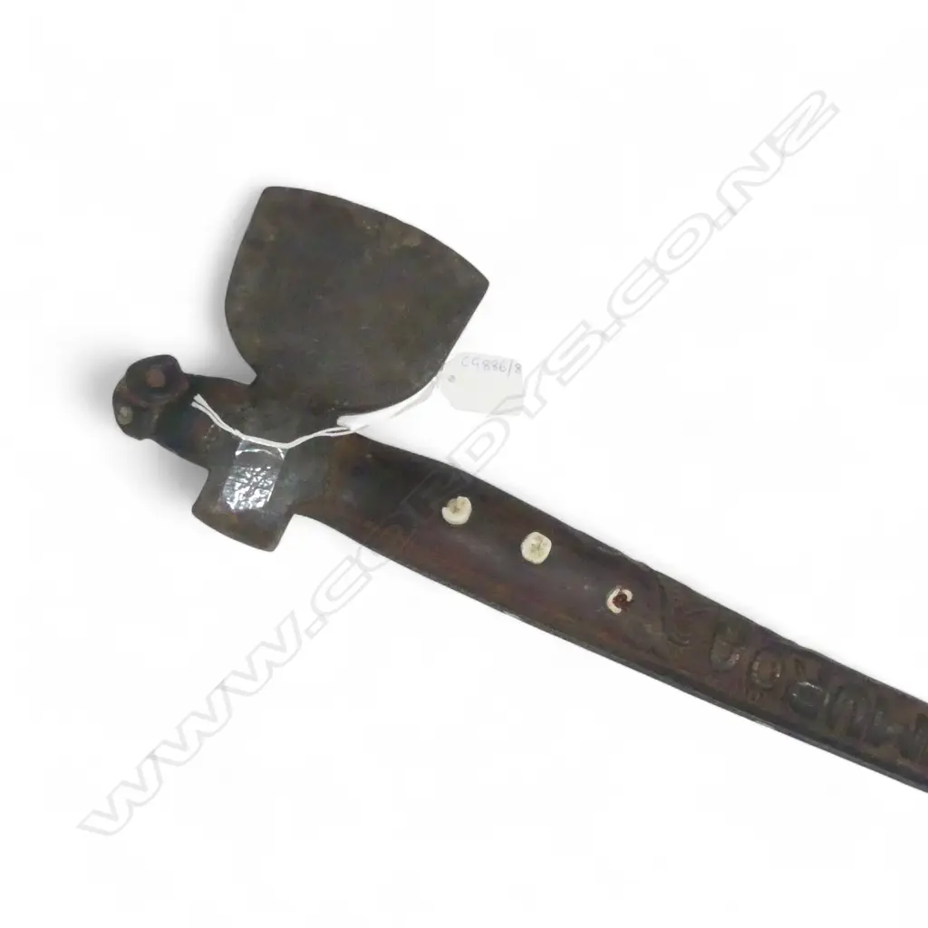 mid / late 20thC MAORI TOKI KAKAUROA  w 19thC TRADE AXE BLADE; CARVED 'TE UMUROA' TO THE SHAFT. L.905mm Image 1++