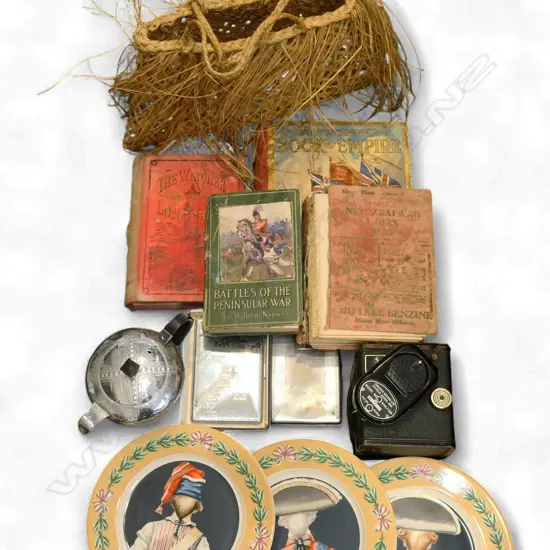 BOX INCL FLAX KETE, FRENCH PLATES, CAMERA, LIGHT METER, ETC.