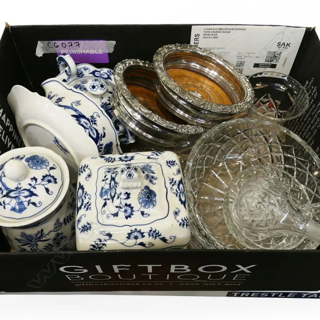 BOX LOT INCLUDING CRYSTAL, BLUE DANUBE CHINA, SILVER PLATE, ETC. Image 1++