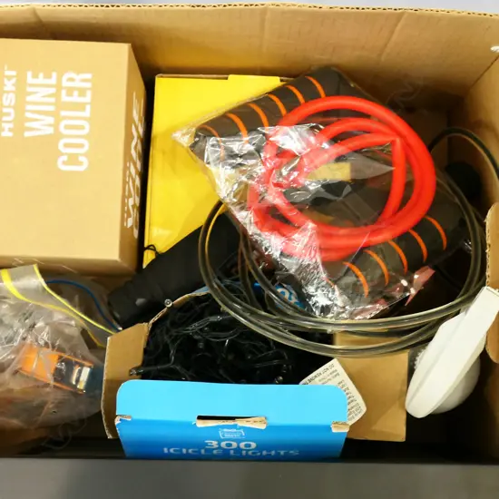 BOX LOT INCLUDING XMAS LIGHTS, SKIPPING ROPES, STAPLER, WINE COOLER, ETC.