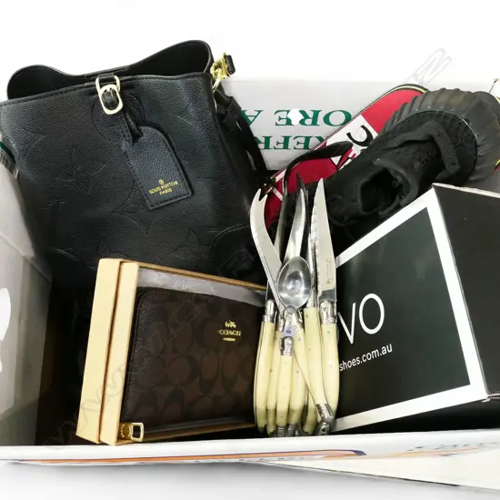 BOX LOT INCLUDING SHOES, WALLET, HANDBAG