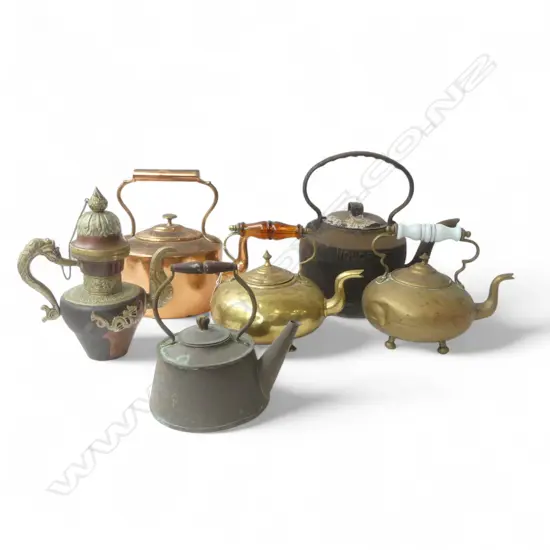     SIX ASSORTED BRASS + COPPER + IRON KETTLES
