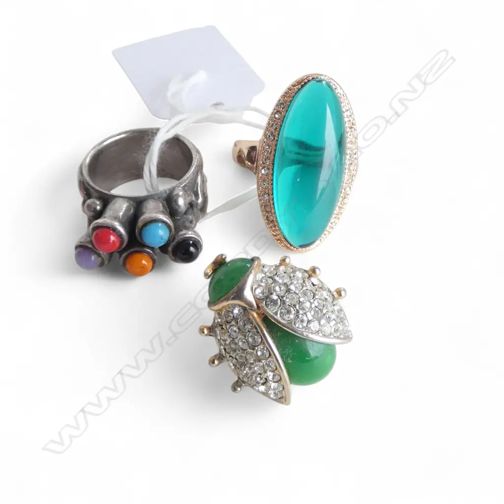 1GEM SET RINGS (SIZE L Approx) +  1 COSTUME ring size P & LADYBIRD PIN Image 1++