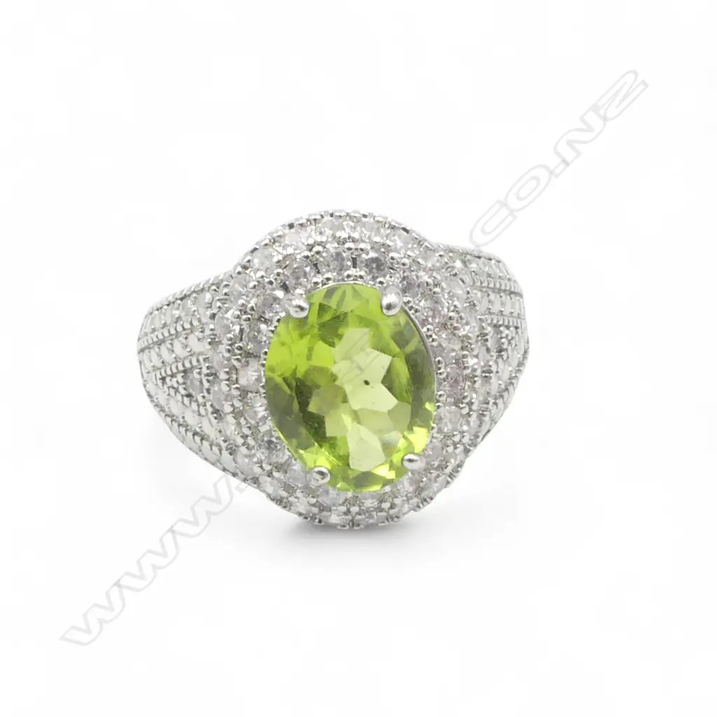 PERIDOT & CZ SILVER RING, AIG REPORT SIZE Q Image 1++