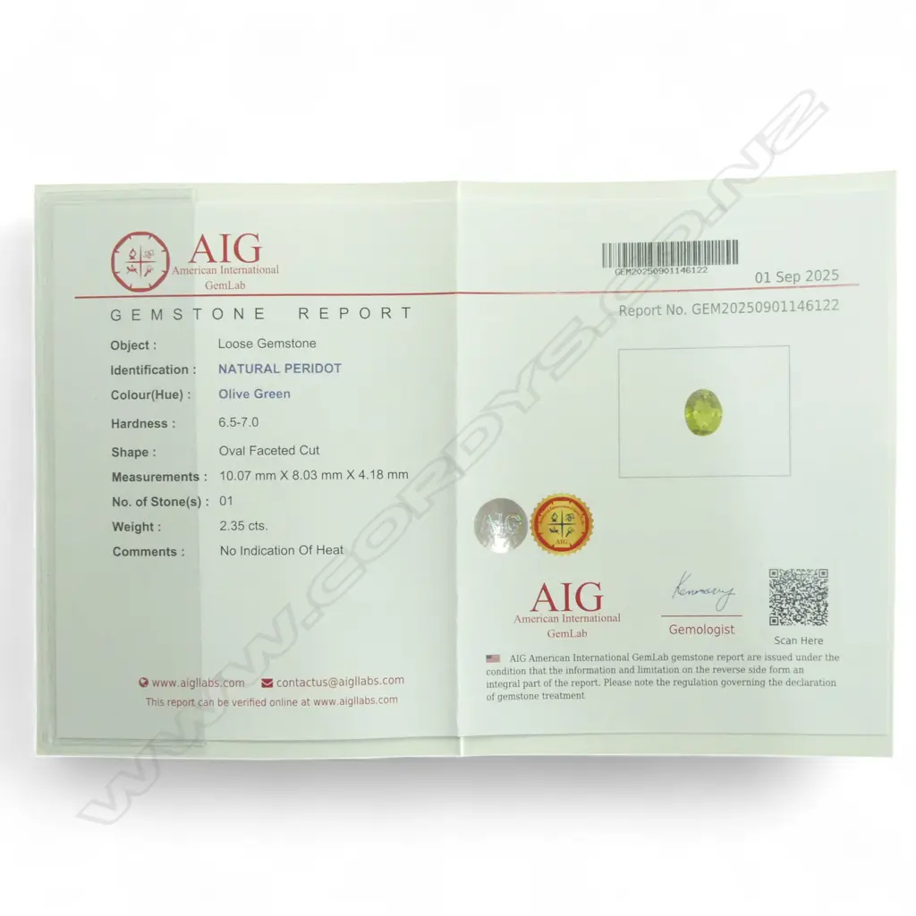 PERIDOT & CZ SILVER RING, AIG REPORT SIZE Q Image 1++