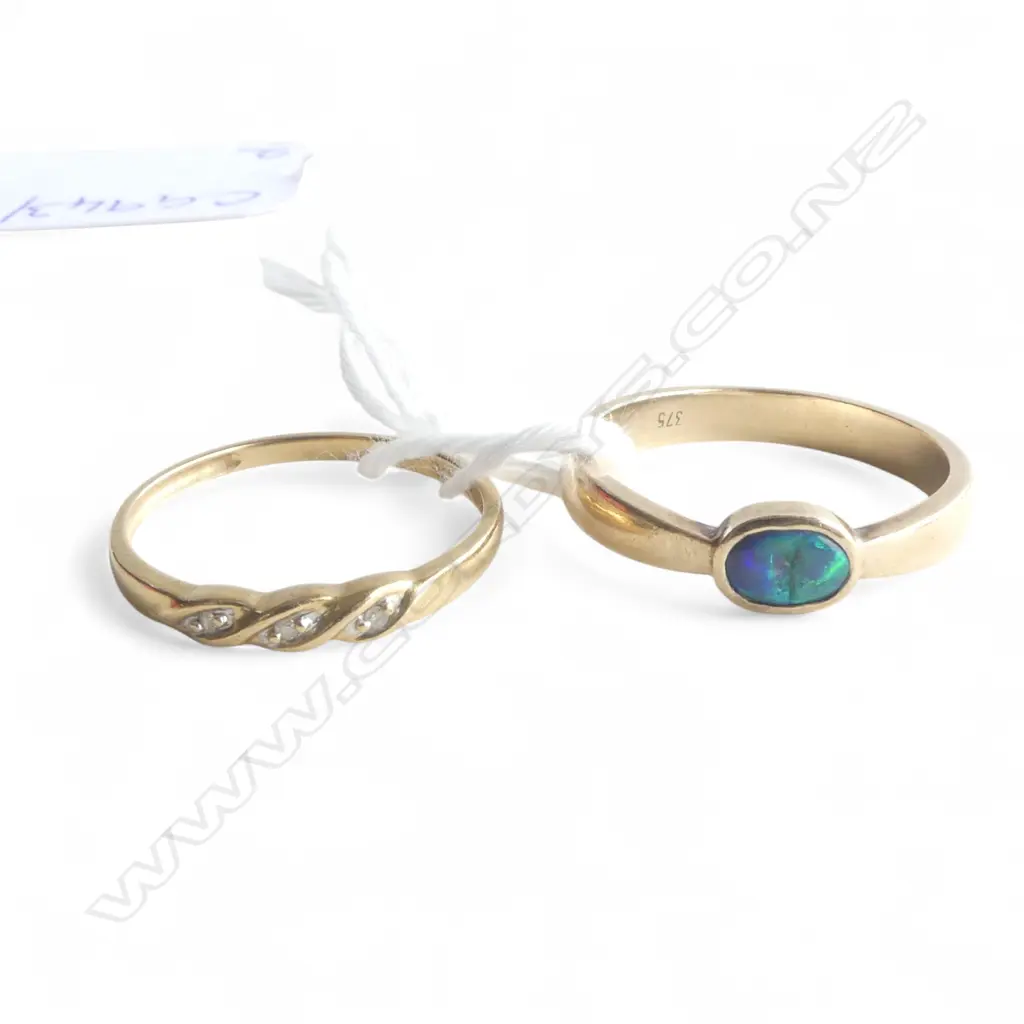2 9CT RINGS, OPAL (AF) & DIAMOND, 3.37gms SIZE L & N1/2 Image 1++