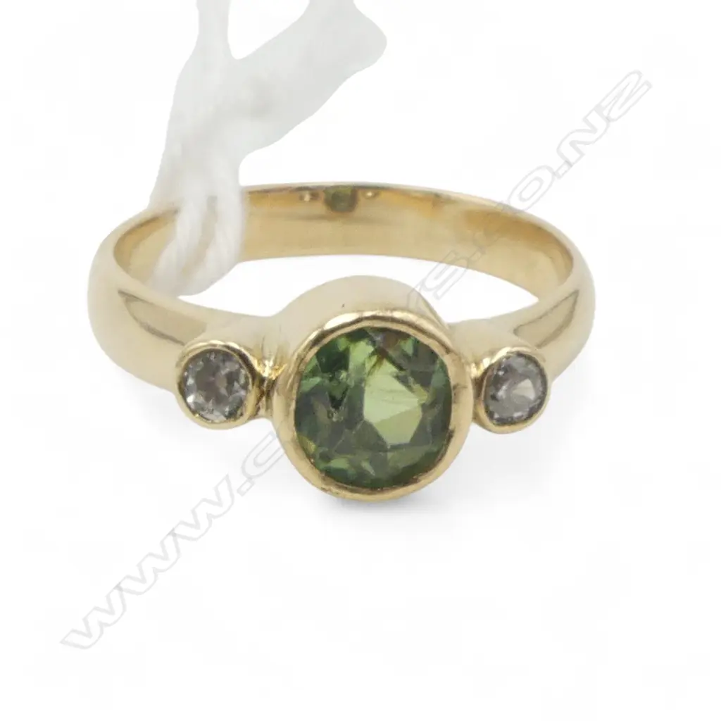 14CT TOURMALINE? RING with 2 early modern diamonds, 3.2gms SIZE M Image 1++