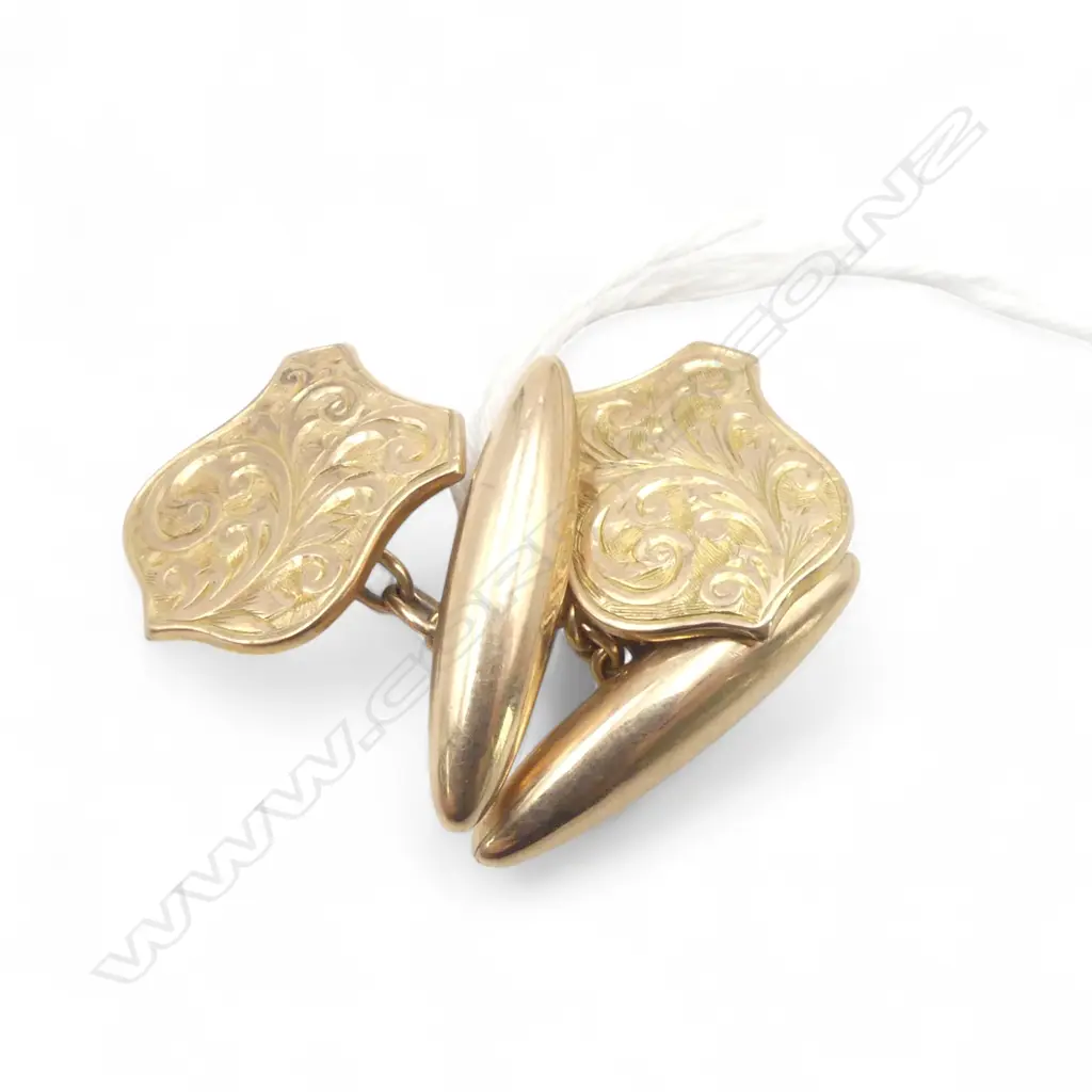 Pr c1900 9ct GOLD engraved shield CUFFLINKS 5gms Image 1++