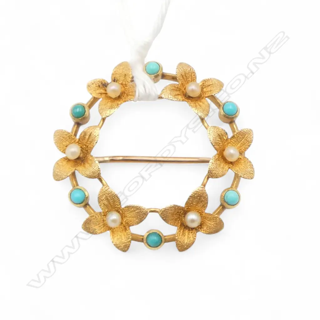 15ct GOLD TURQUOISE & SEED PEARL CIRCLE BROOCH 2.66gms Image 1++