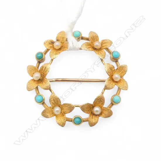 15ct GOLD TURQUOISE & SEED PEARL CIRCLE BROOCH 2.66gms