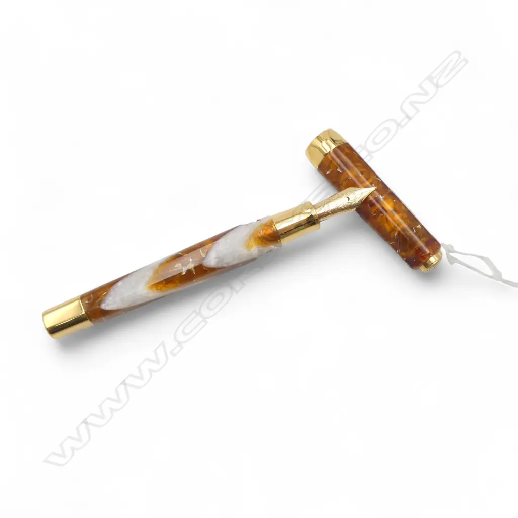 VISCONTI ÓPERA' GOLD PLATE FOUNTAON PEN with amber & white acrylic body + Visconti 14ct gold nib Image 1++