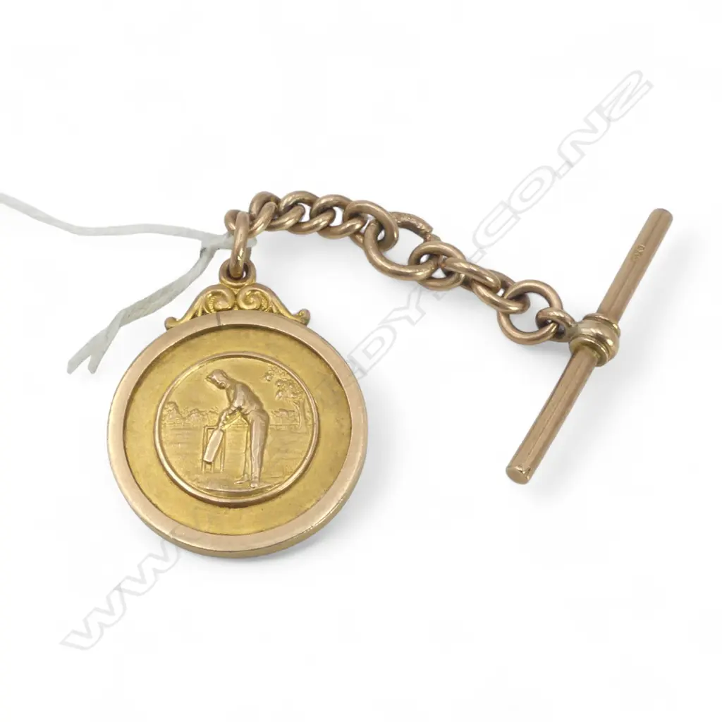 9ct GOLD CRICKETING FOB 'BEST AVERAGE' with chain & T-bar 16.6gms Image 1++