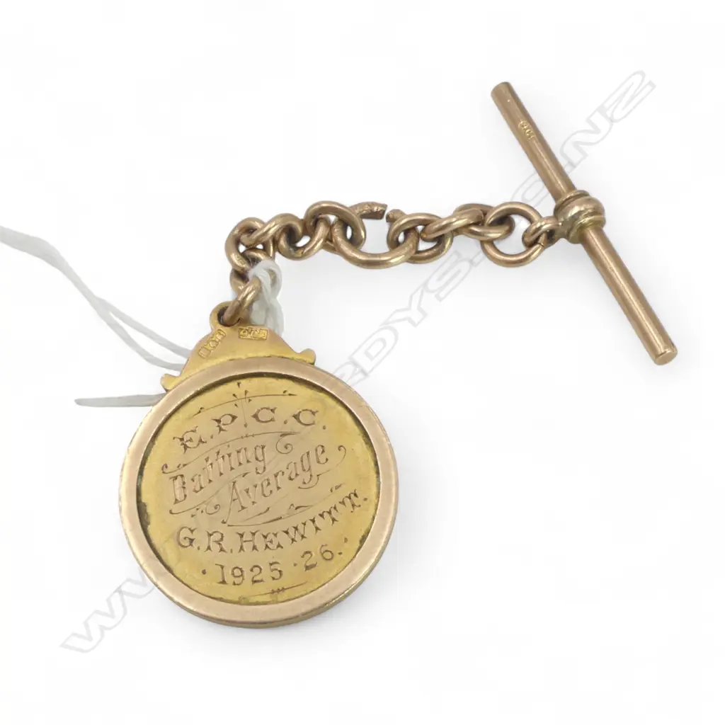 9ct GOLD CRICKETING FOB 'BEST AVERAGE' with chain & T-bar 16.6gms Image 1++