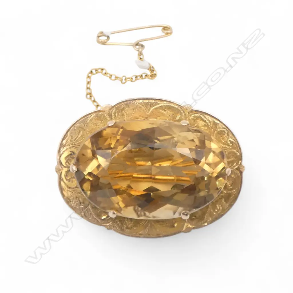 c.1900 9ct gold large oval facet cut citrine brooch 17gms Image 1++