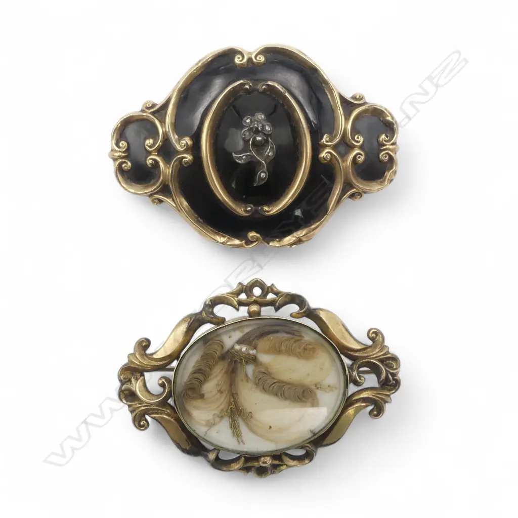 2 VICTORIAN PINCHBECK MOURNING BROOCHES. BOTH ENGRAVED 1855 Image 1++