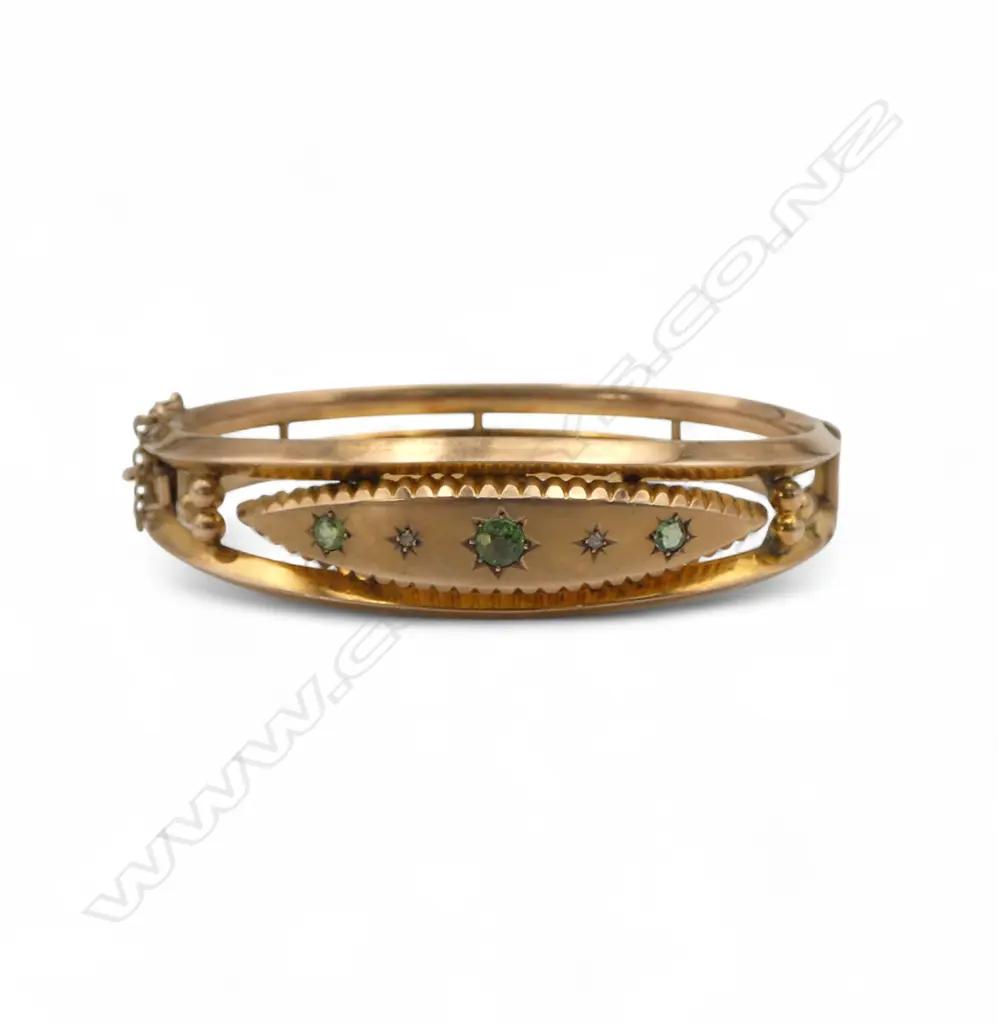 Chester 1908 EDWARDIAN 9ct ROSE GOLD HINGED BANGLE green gem & diamond set. 10.66gms SHOWING SOME REPAIRS Image 1++