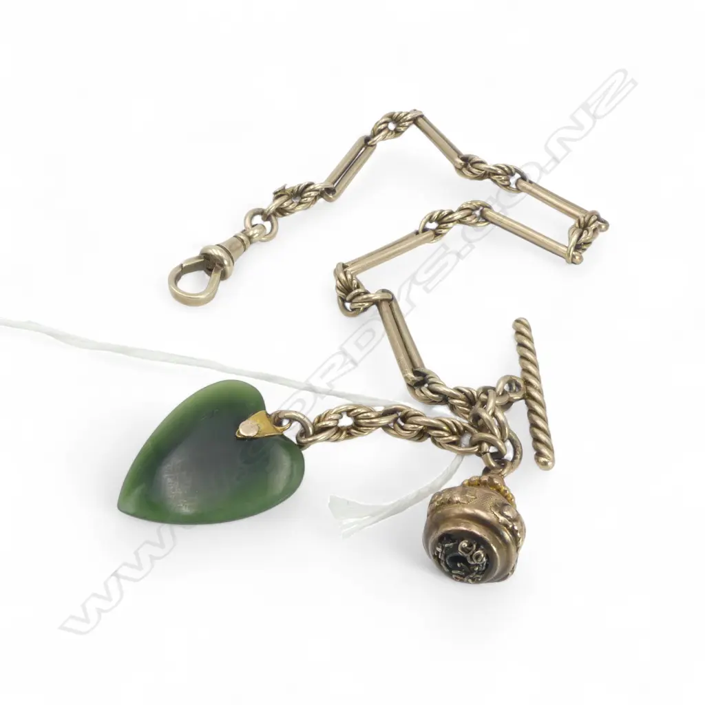 **RTV** 9ct GOLD ALBERTINA w pounamu small heart etc bracelet, L.255cm, 20gms Image 1++