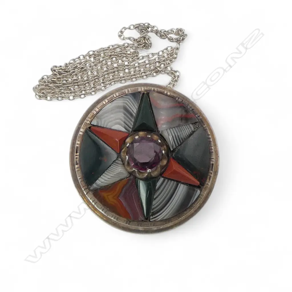 Early 20thC stg silver stone set shield form brooch with chain. Banded agates etc Image 1++