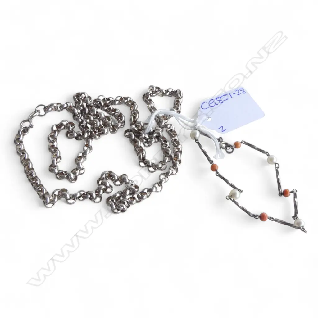 STG SILVER PEARL & CORAL BRACELET L.180mm + SILVER BELCHER LINK CHAIN L.830mm Image 1++