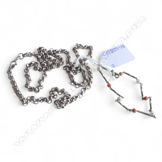 STG SILVER PEARL & CORAL BRACELET L.180mm + SILVER BELCHER LINK CHAIN L.830mm