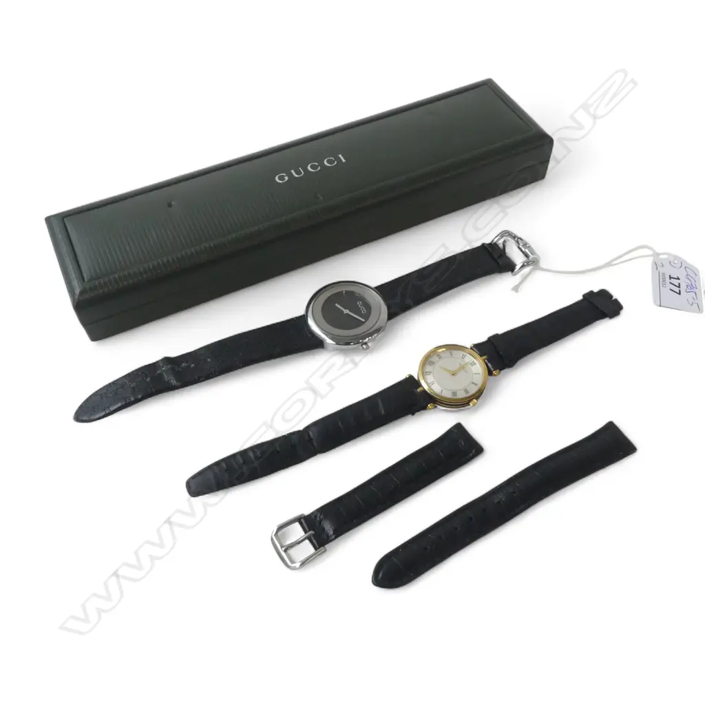 GUCCI GOLD PLATE WRISTWATCH IN BOX w cert. 1999. No buckle + another strap w buckle + another watch maybe a copy ? Image 1++