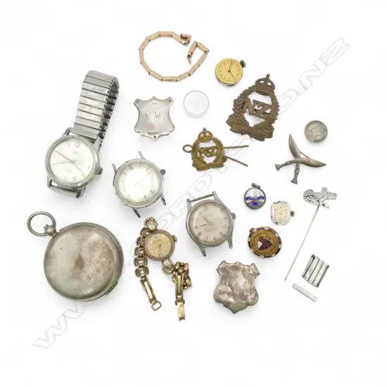 BAG OF MILITARY BADGES + WATCHES ETC