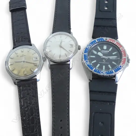 3 VINTAGE GENT'S WRIST WATCHES: CITIZEN QUARTZ, ENICAR, ETERNA-MATIC