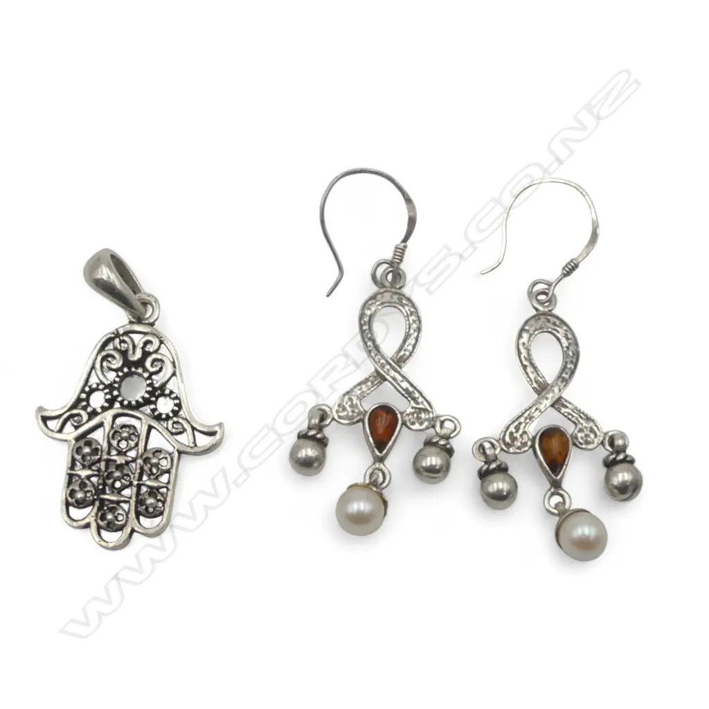  STERLING SILVER AMBER & PEARL EARRINGS & HAMSA HAND PENDANT Image 1++