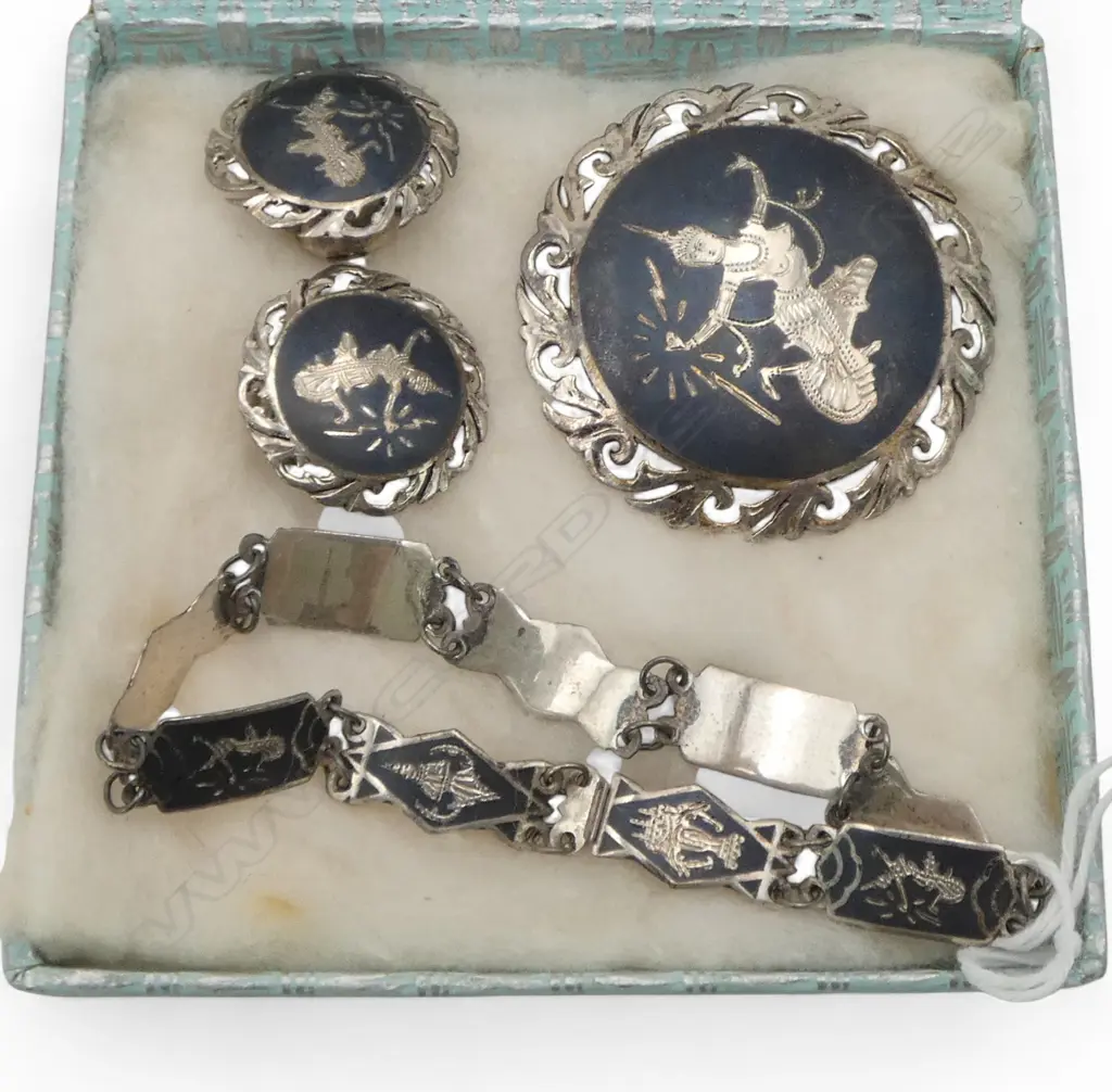 SET VINTAGE SIAM SILVER BRACELET + BROOCH + EARRINGS Image 1++