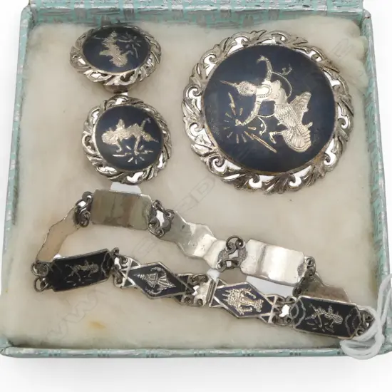 SET VINTAGE SIAM SILVER BRACELET + BROOCH + EARRINGS