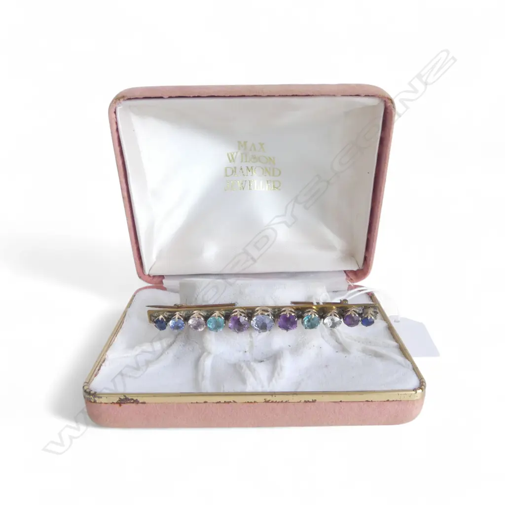 GOLD PLATED MULTI COLOURED STONE BROOCH Image 1++