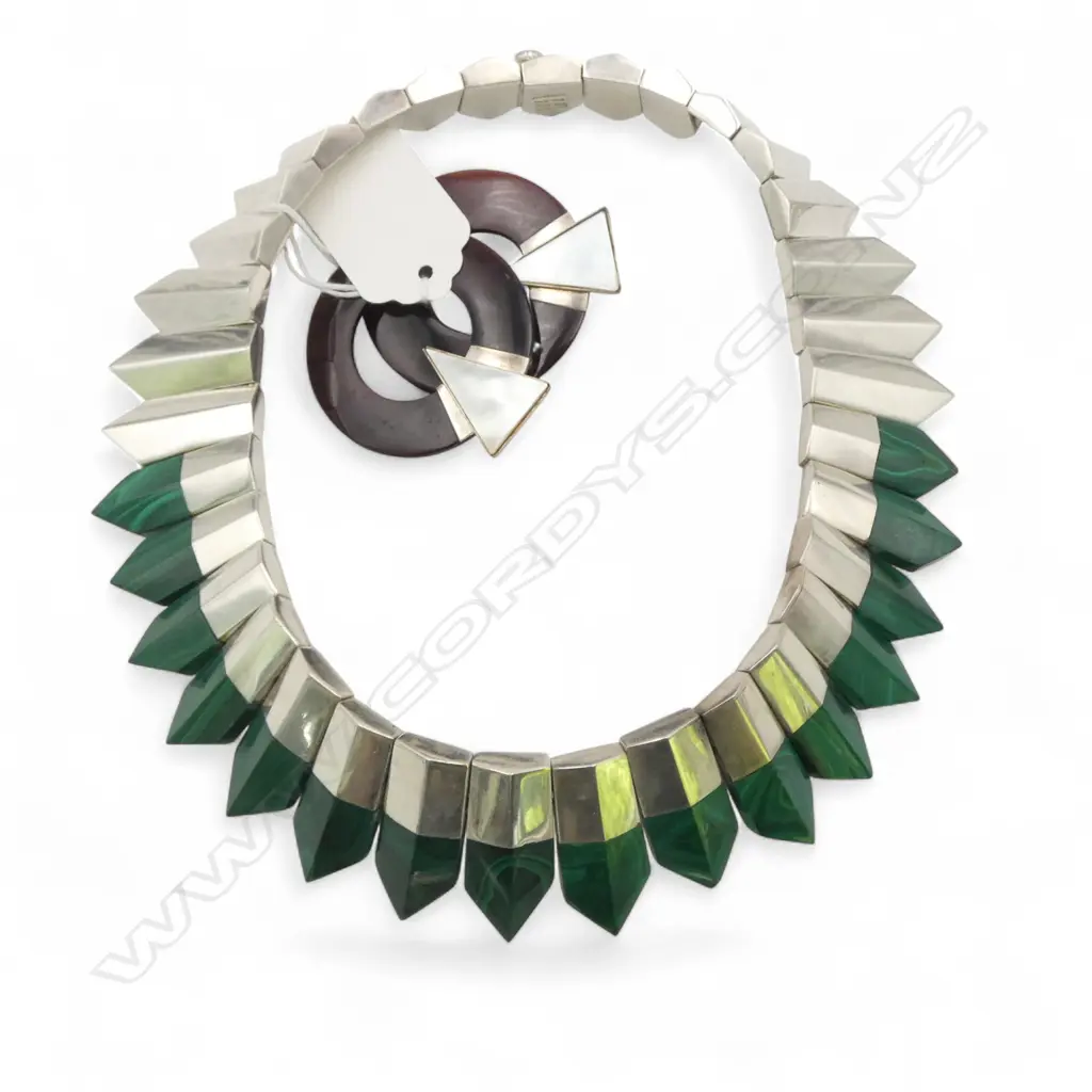 STYLISH VINTAGE SILVER & MALACHITE CHOKER NECKLACE + PR EARRINGS Image 1++