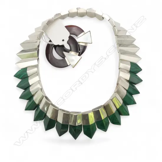 STYLISH VINTAGE SILVER & MALACHITE CHOKER NECKLACE + PR EARRINGS