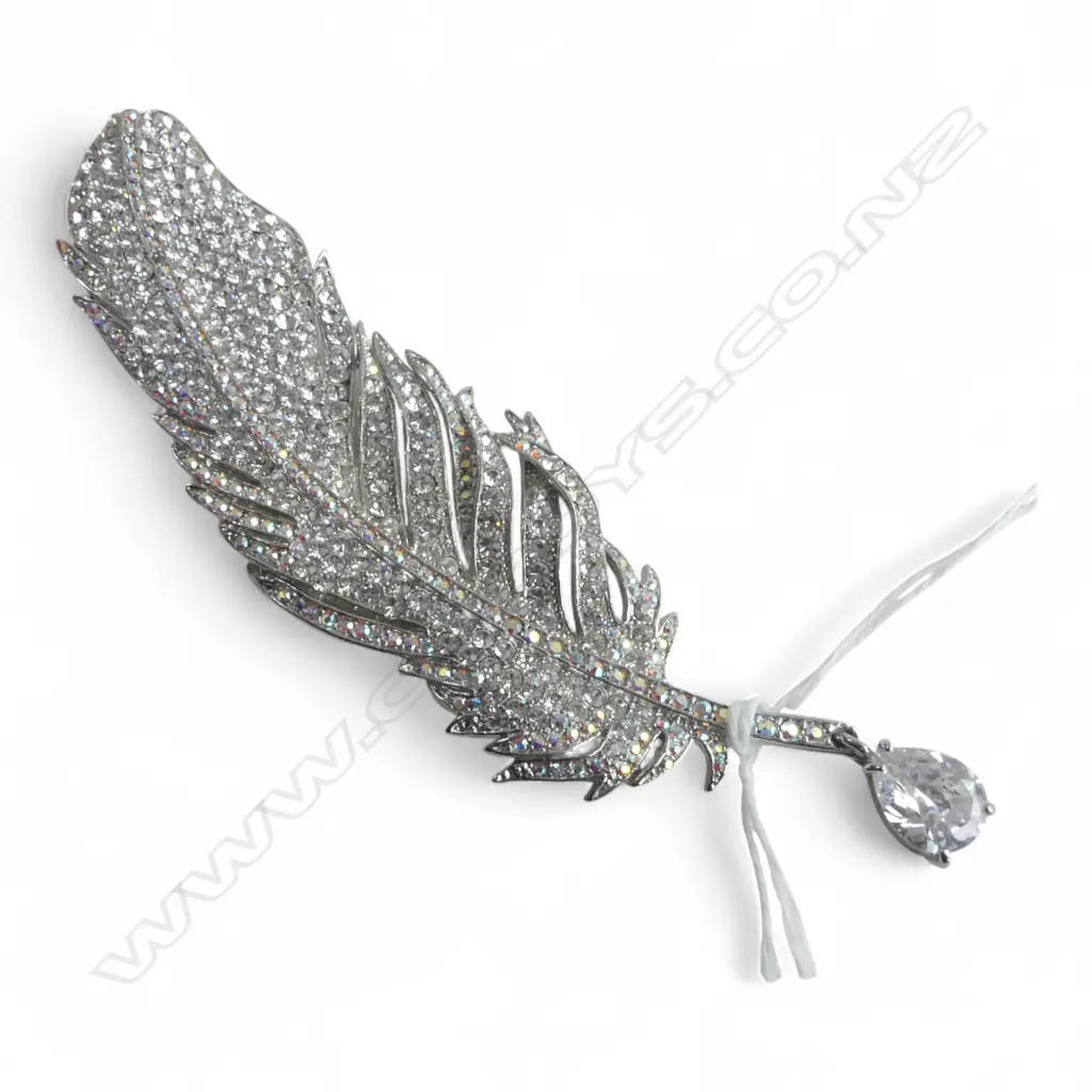 LGE COSTUME JEWELLED FEATHER BROOCH L.115mm Image 1++