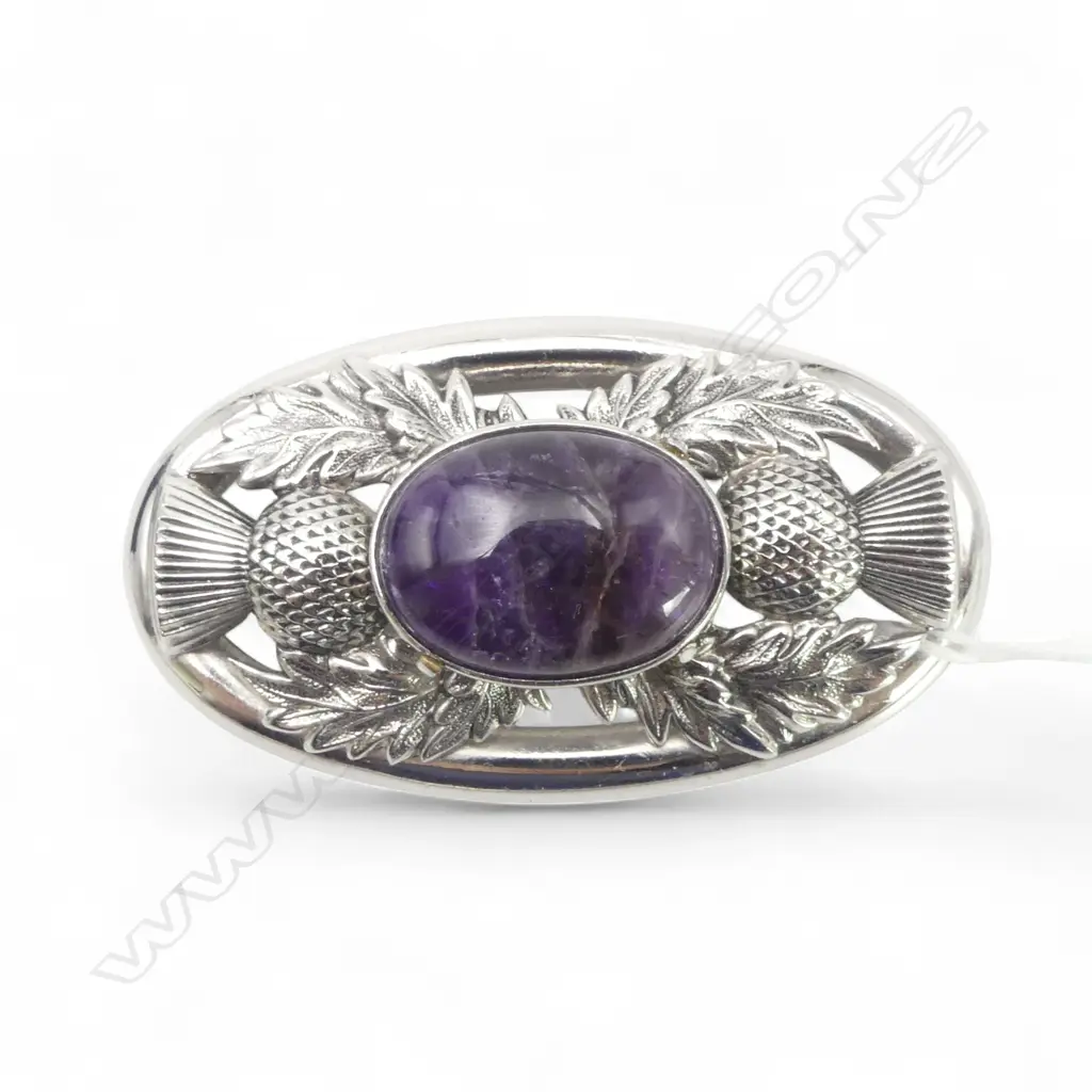LGE PLATED SCOTTISH BROOCH with AMETHYST CABOCHON W.70mm Image 1++