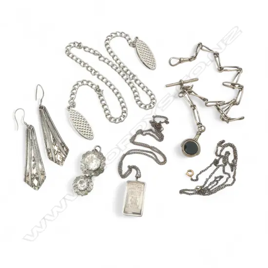 SILVER 5gm INGOT PENDANT + STG EARRINGS + FOB CHAIN ETC