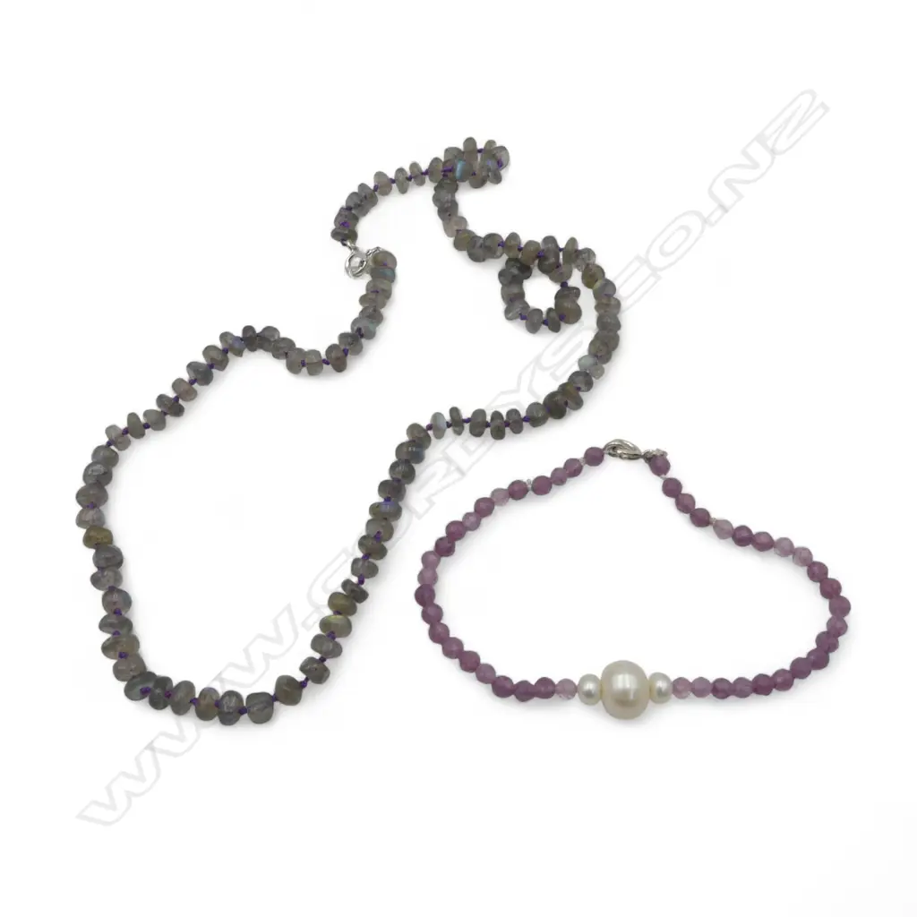 LABRADORITE NECKLACE L.460mm + PEARL/LEPIDOLITE BRACELET L.180mm W. STG CLASPS Image 1++