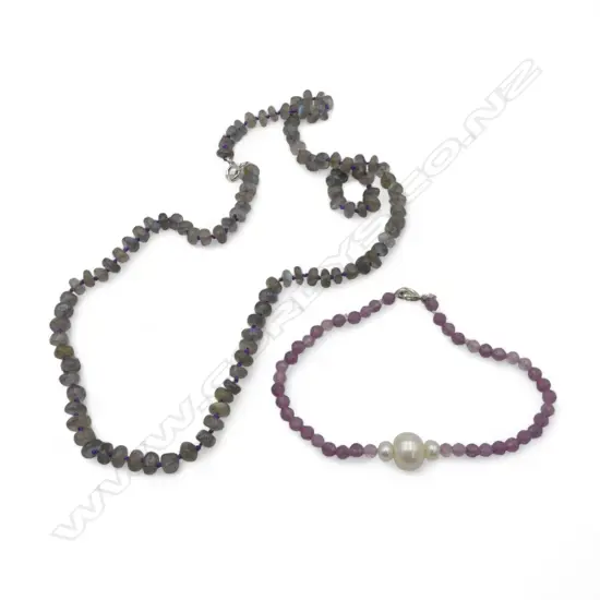 LABRADORITE NECKLACE L.460mm + PEARL/LEPIDOLITE BRACELET L.180mm W. STG CLASPS