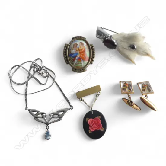 SILVER CELTIC NECKLACE + VINTAGE ESSEX CRYSTAL type HORSE HEAD CUFFLINKS + Limoge brooch + other + Scottish kilt pin