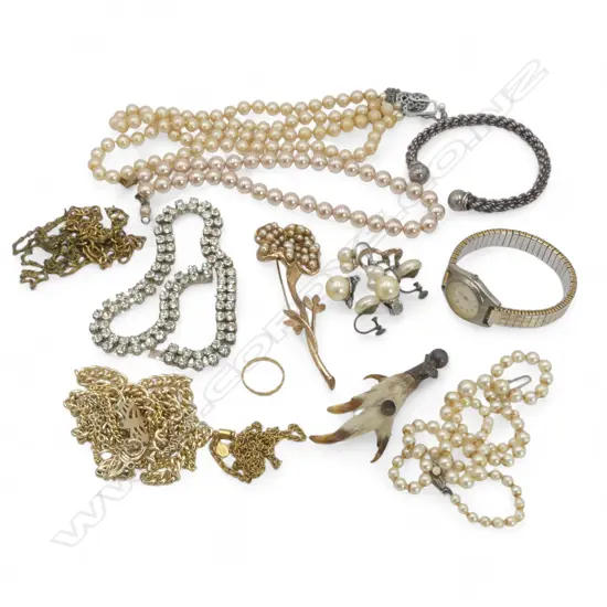 ASST. COSTUME JEWELLERY; FAUX PEARL, GROUSE BROOCH, WATCH, etc