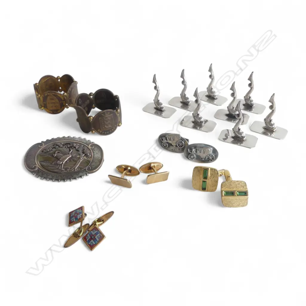 8 SILVER? PLACE NAME HOLDERS, EP BROOCH, 4 PRS CUFFLINKS, 2 COIN NAPKIN RINGS Image 1++