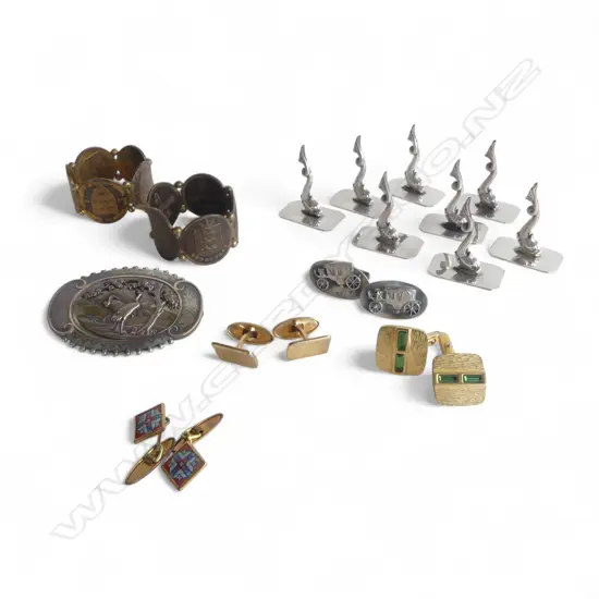 8 SILVER? PLACE NAME HOLDERS, EP BROOCH, 4 PRS CUFFLINKS, 2 COIN NAPKIN RINGS