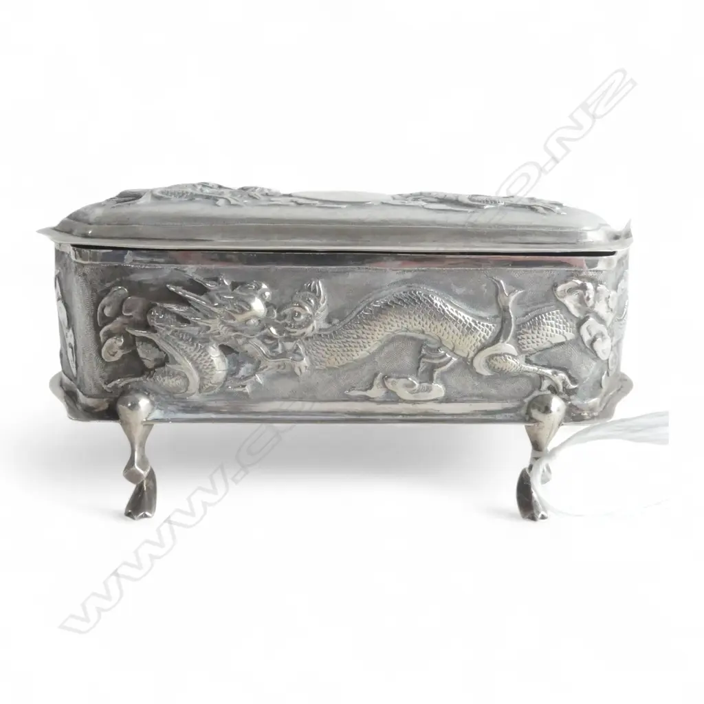 CHINESE SILVER BOX w. DRAGON DESIGN STAMPED HUNG CHONG & CO 124gms 120x50x55mm Image 1++