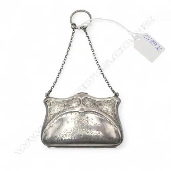 SILVER ENGRAVED Birmingham 1916 PURSE leather lined WITH CHAIN & FINGER RING