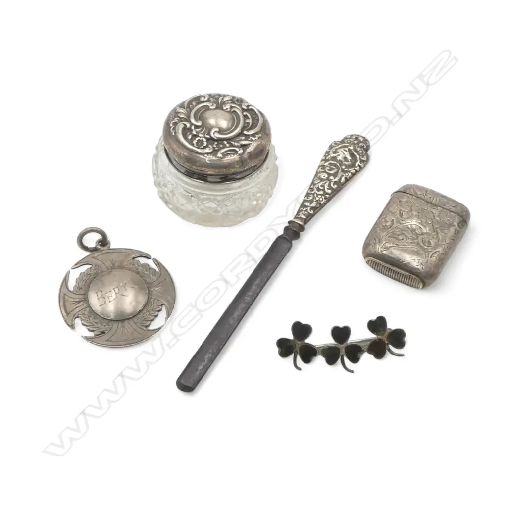 OLD SMALL SILVER ITEMS: vesta + rouge pot + brooch + medallion + nail tool Image 1++