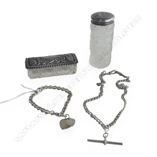 STG SILVER FOB CHAIN & BRACELET + 2 STG TOPPED CRYSTAL CONTAINERS, 62gms 