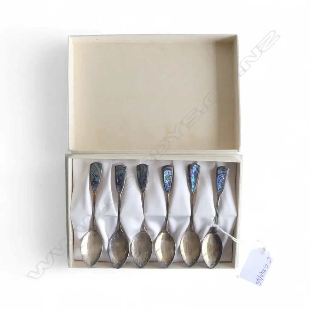 6 NZ STG SILVER & PAUA TEASPOONS, 52gms, BOXED Image 1++