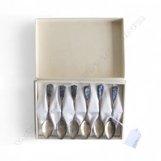 6 NZ STG SILVER & PAUA TEASPOONS, 52gms, BOXED
