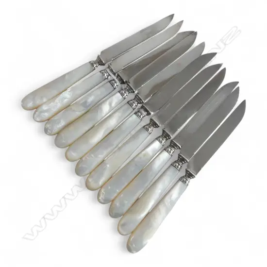 11 FRUIT KNIVES; MoP HANDLES, 800 SILVER BLADES L.180mm